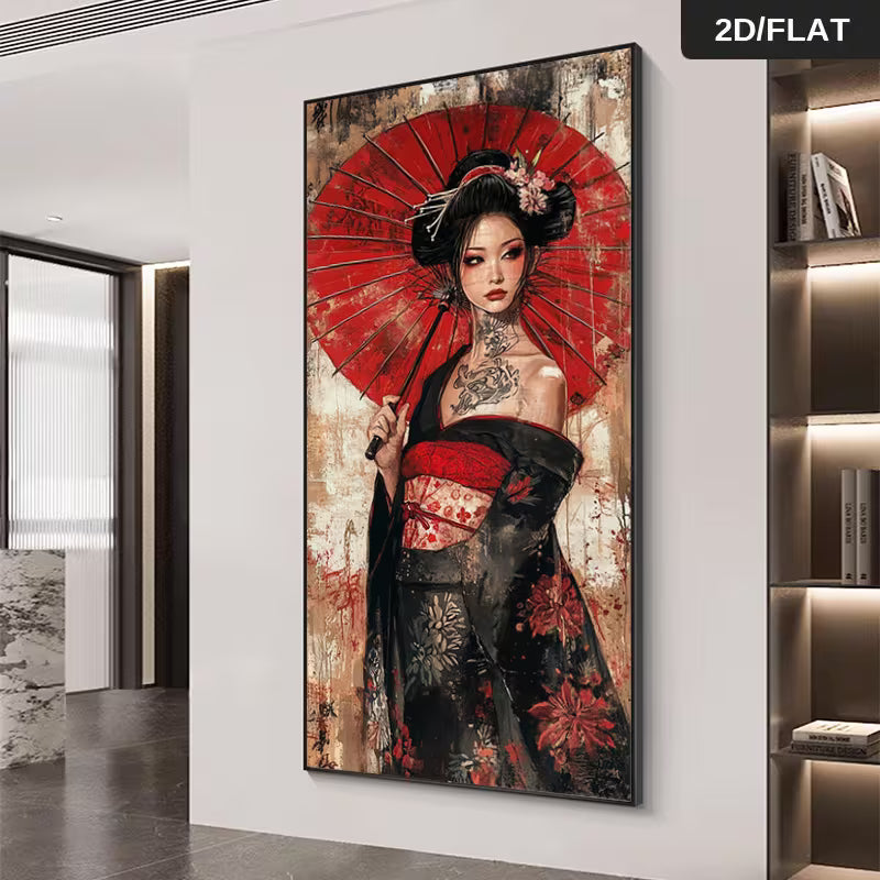 Gueixa Abstrata Moderna com Guarda-chuva Vermelho
