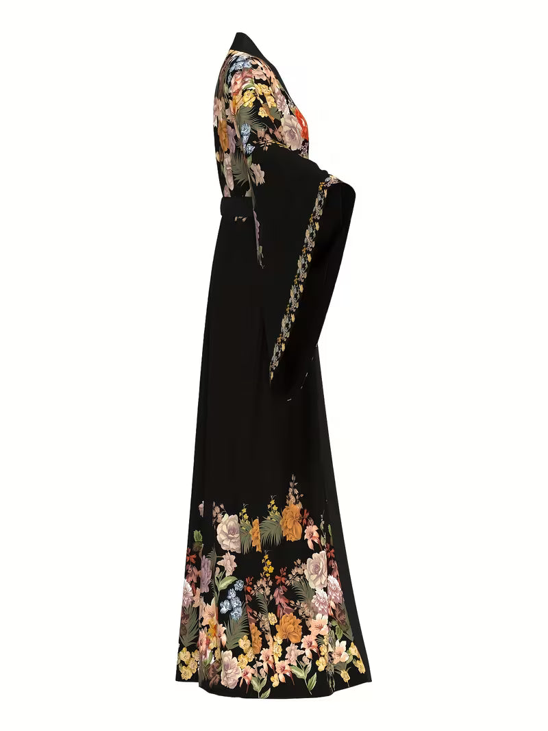 Plus-Size Women'S Long Floral Print Robe with Wide Sleeves