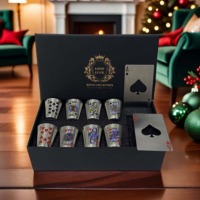 Stainless Steel Cup Set – 8 Cups & 2 Openers Gift Box