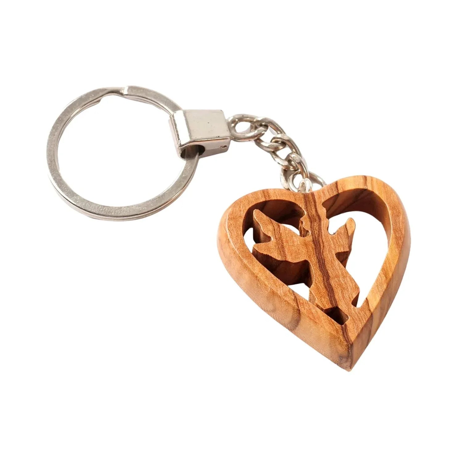 Guardian Angel Heart Keychain in Olive Wood - World Gifts