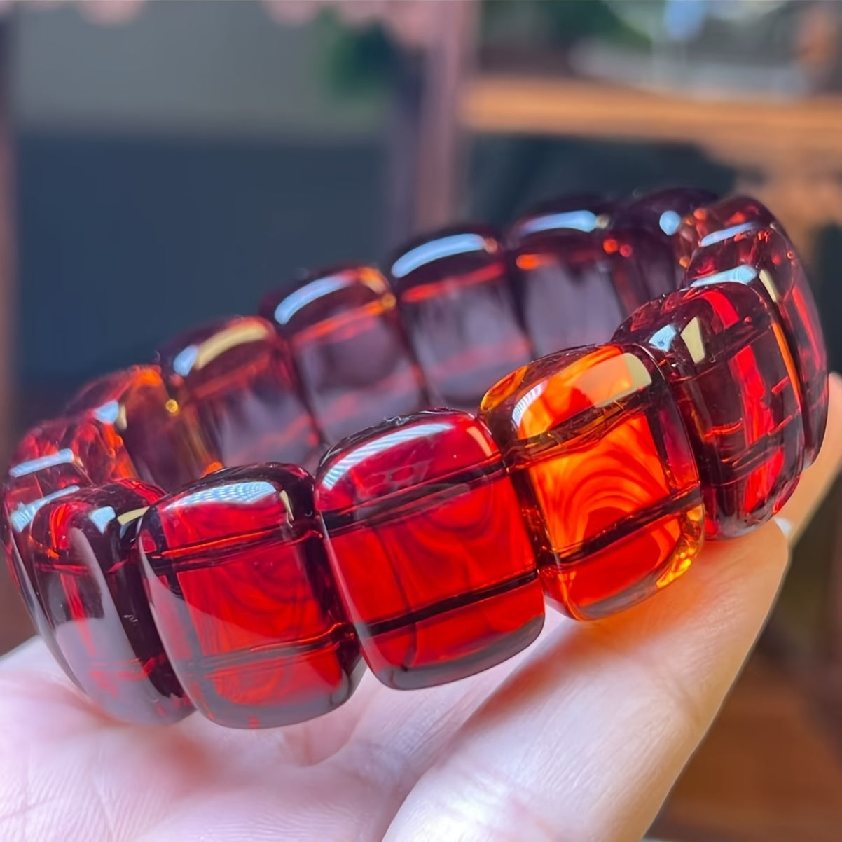 Pulsera de Ámbar Rojo Natural con Cuentas – Estilo Bohemio