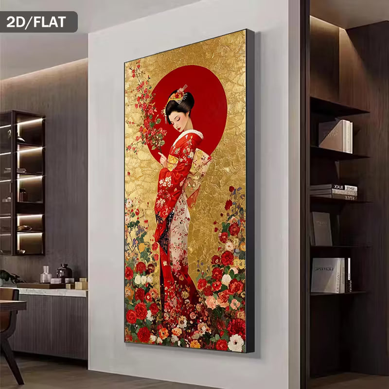 Modern Abstract Canvas Painting Featuring a Japanese Geisha with Floral Designs