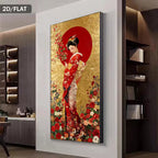 Modern Abstract Canvas Painting Featuring a Japanese Geisha with Floral Designs