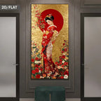 Modern Abstract Canvas Painting Featuring a Japanese Geisha with Floral Designs