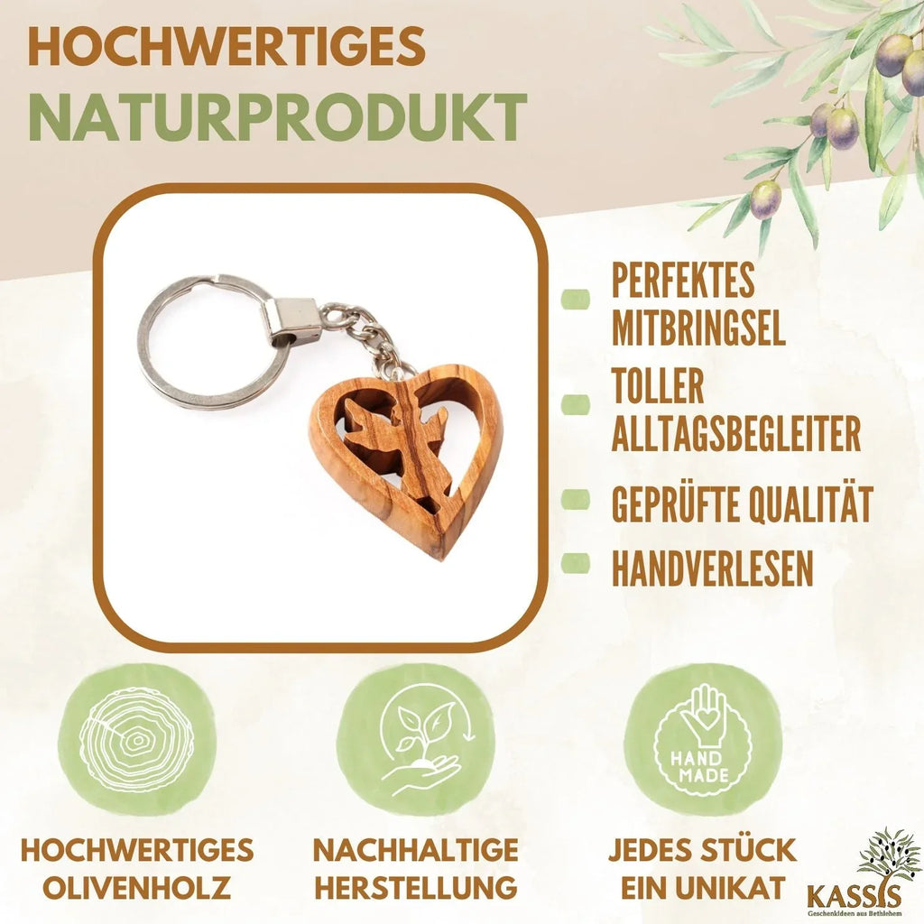 Guardian Angel Heart Keychain in Olive Wood - World Gifts