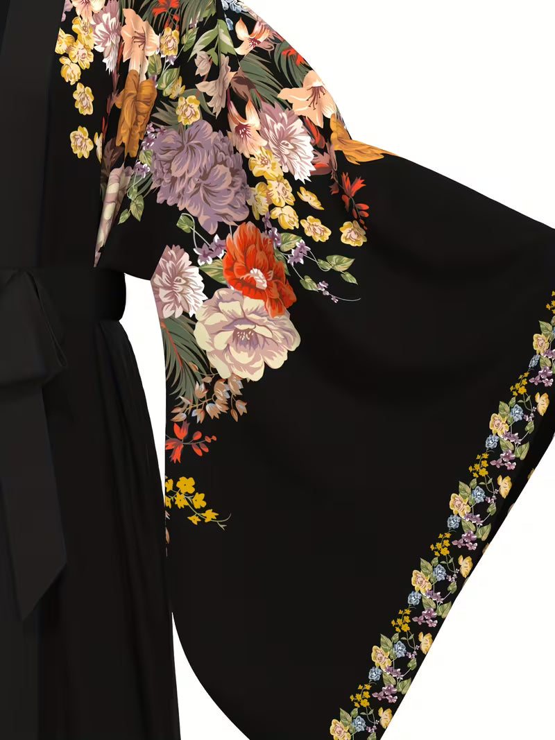 Plus-Size Women'S Long Floral Print Robe with Wide Sleeves