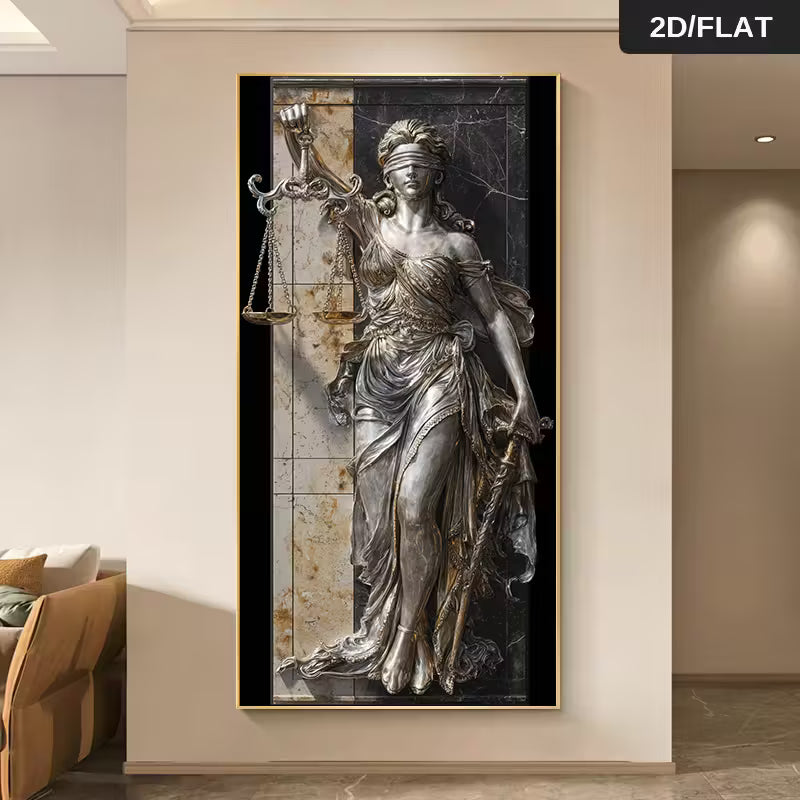 Modern Abstract Canvas Art Featuring a 2D Flat Design of Lady Justice Holding Scales