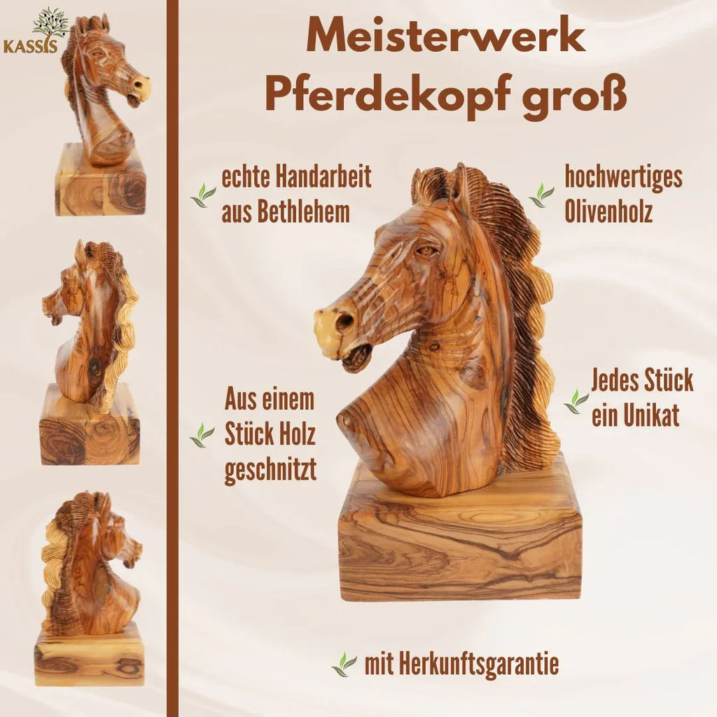 Hand-carved horse head made of olive wood (large) – Exclusive wooden sculpture from Bethlehem (24 cm) - World Gifts