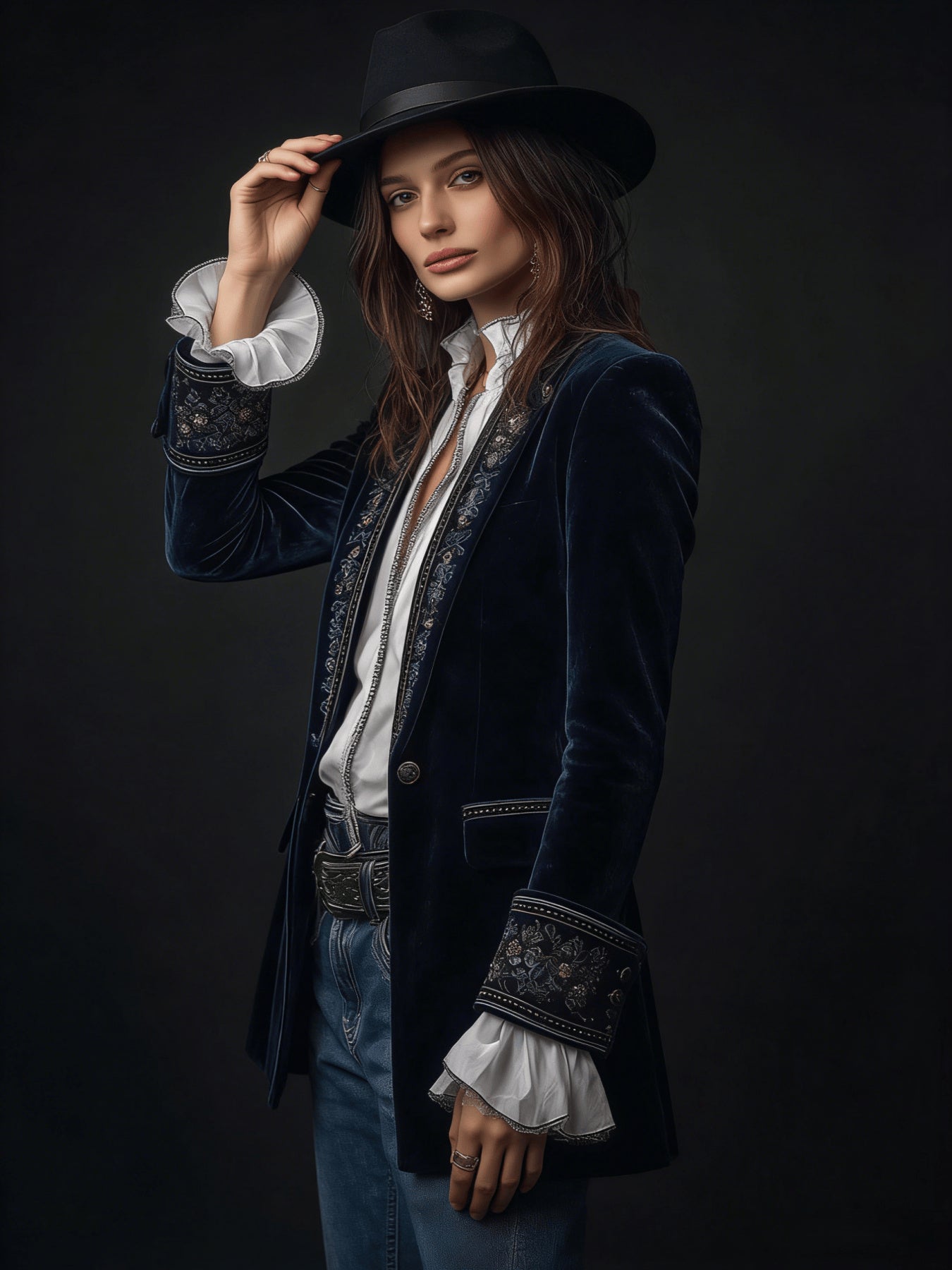 Navy Blue Velvet Blazer with Embroidered Trim