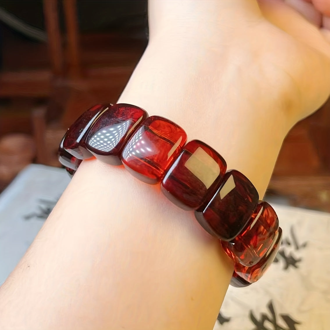 Pulsera de Ámbar Rojo Natural con Cuentas – Estilo Bohemio