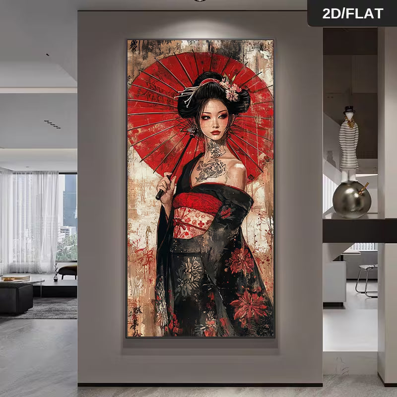 Gueixa Abstrata Moderna com Guarda-chuva Vermelho