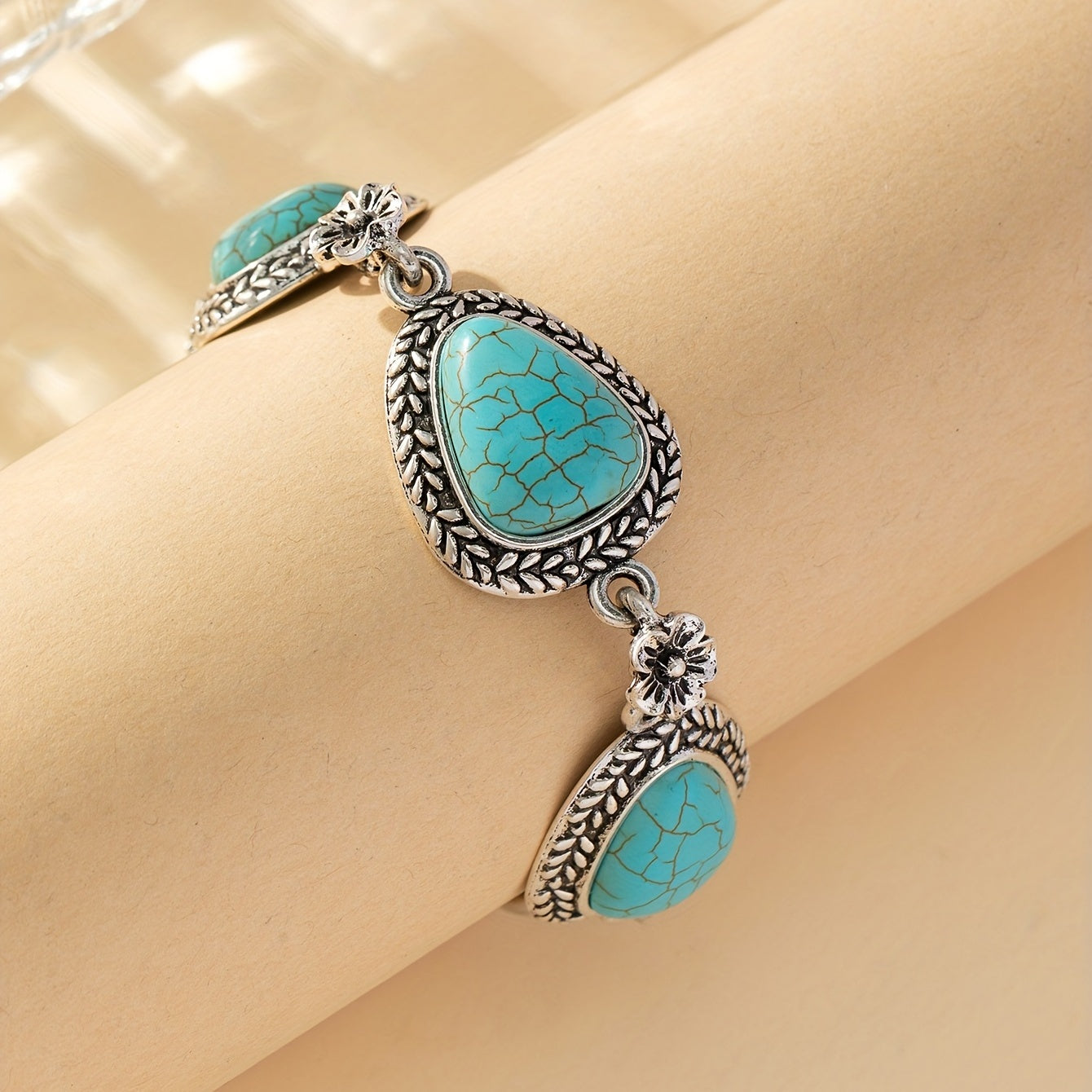 Ethnic Valley Rice Pattern Turquoise Hand Sign Bracelet