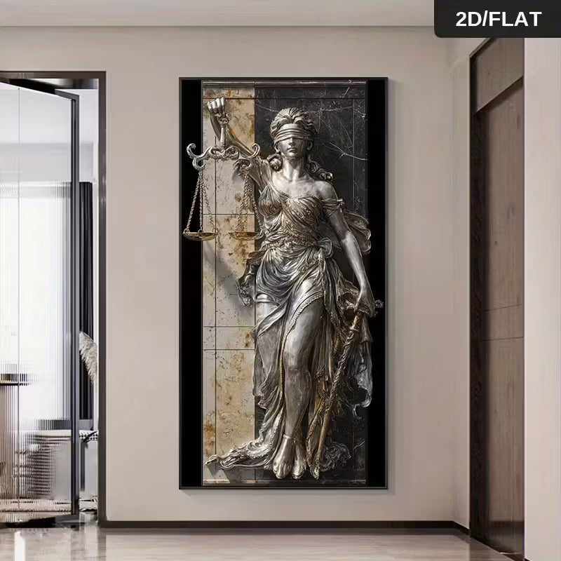 Modern Abstract Canvas Art Featuring a 2D Flat Design of Lady Justice Holding Scales