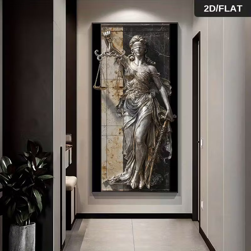 Modern Abstract Canvas Art Featuring a 2D Flat Design of Lady Justice Holding Scales