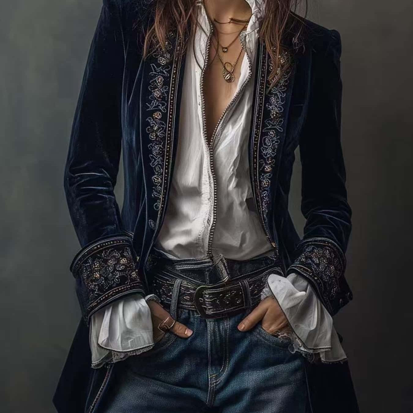 Navy Blue Velvet Blazer with Embroidered Trim