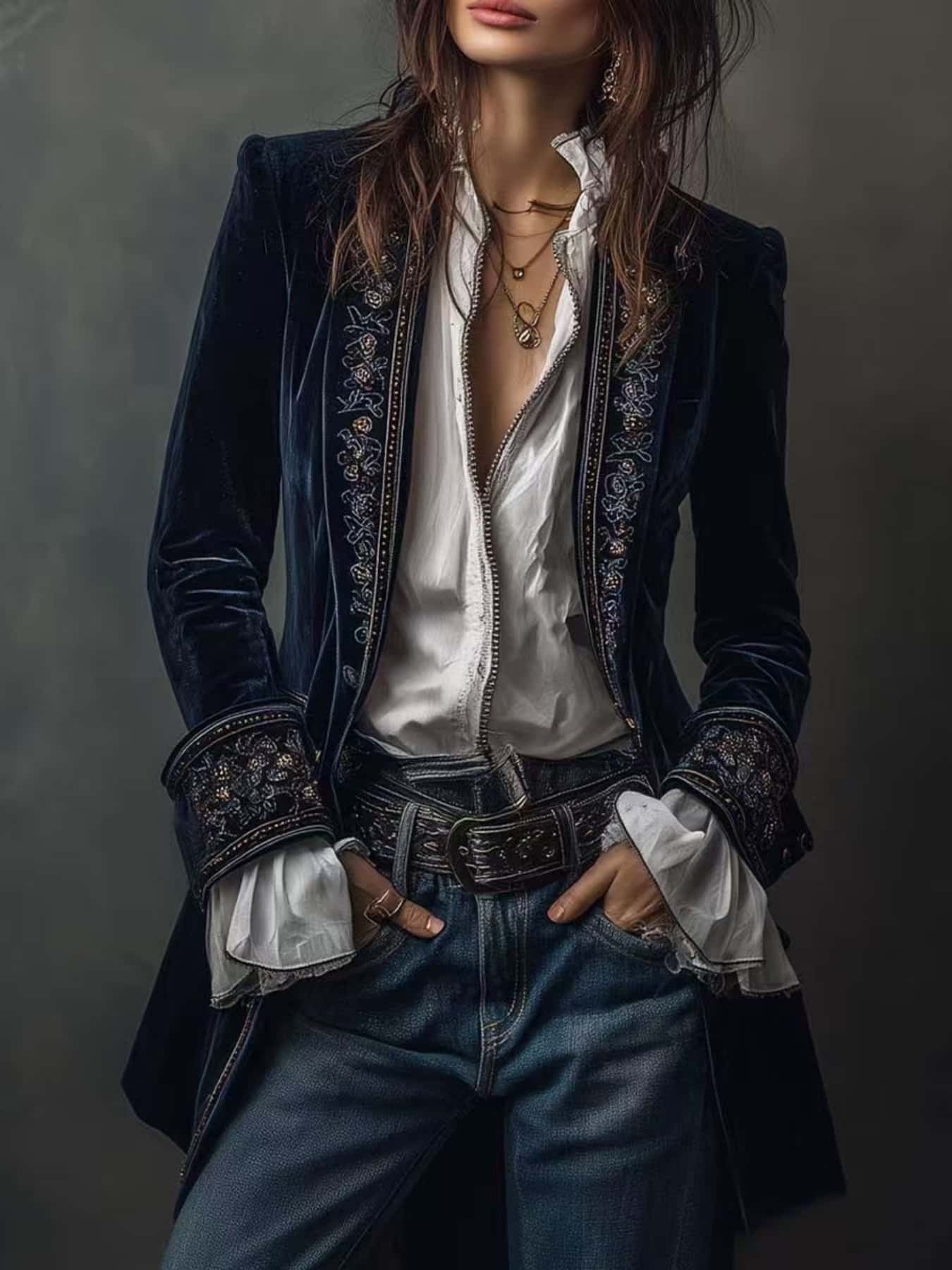 Navy Blue Velvet Blazer with Embroidered Trim