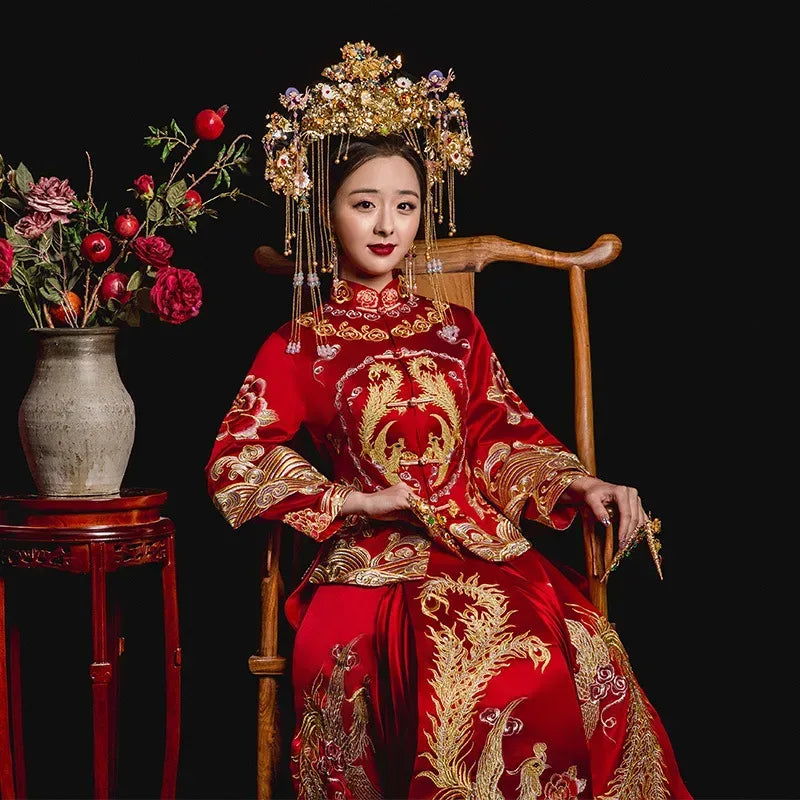 Vintage Lovers Wedding Dress Cheongsam Chinese Style Marriage Set Embroidery Bride Bridegroom Costume Oriental Toast Clothing 3X - World Gifts