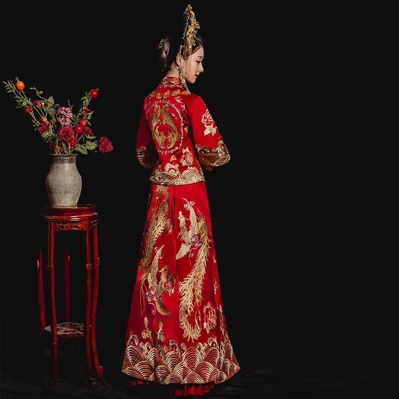 Vintage Lovers Wedding Dress Cheongsam Chinese Style Marriage Set Embroidery Bride Bridegroom Costume Oriental Toast Clothing 3X - World Gifts