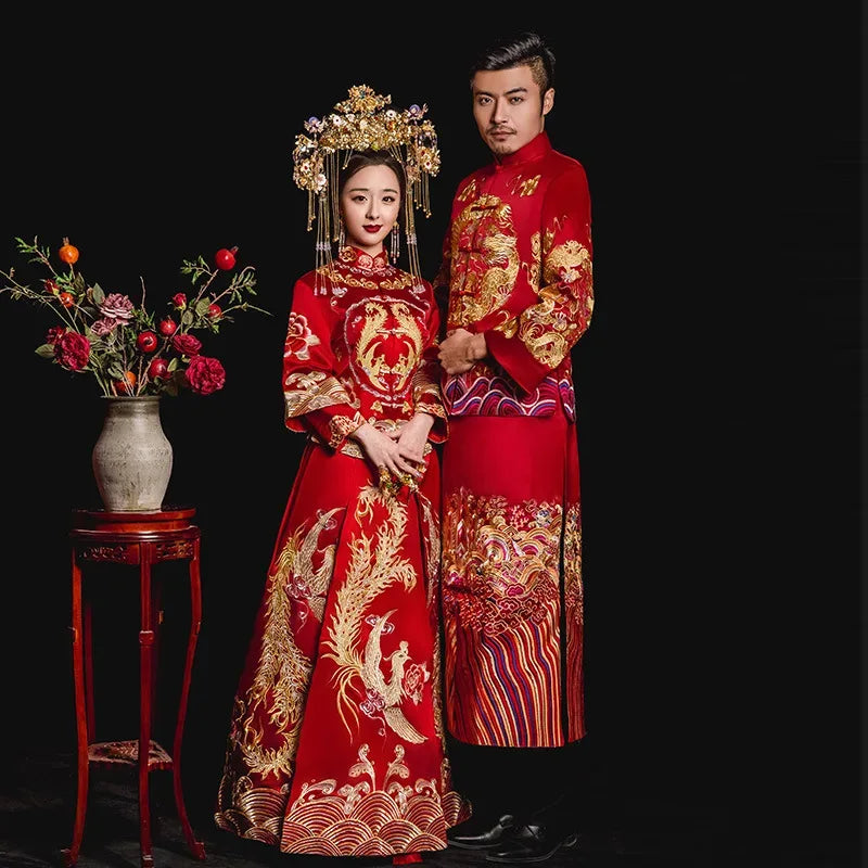 Vintage Lovers Wedding Dress Cheongsam Chinese Style Marriage Set Embroidery Bride Bridegroom Costume Oriental Toast Clothing 3X - World Gifts