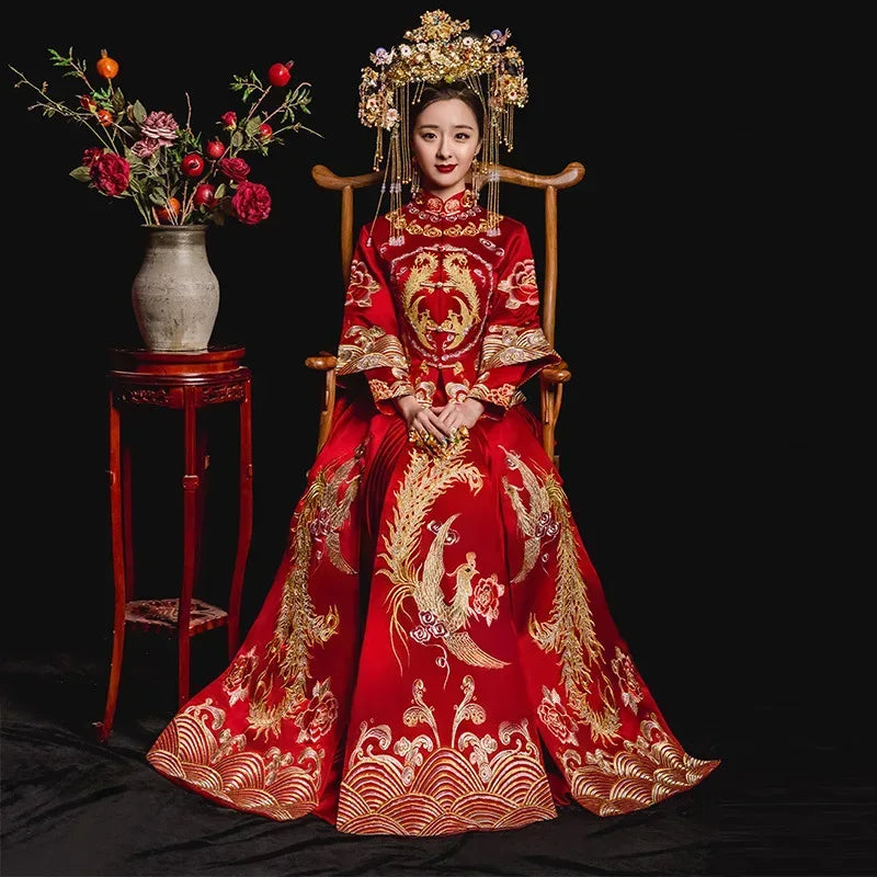 Vintage Lovers Wedding Dress Cheongsam Chinese Style Marriage Set Embroidery Bride Bridegroom Costume Oriental Toast Clothing 3X - World Gifts