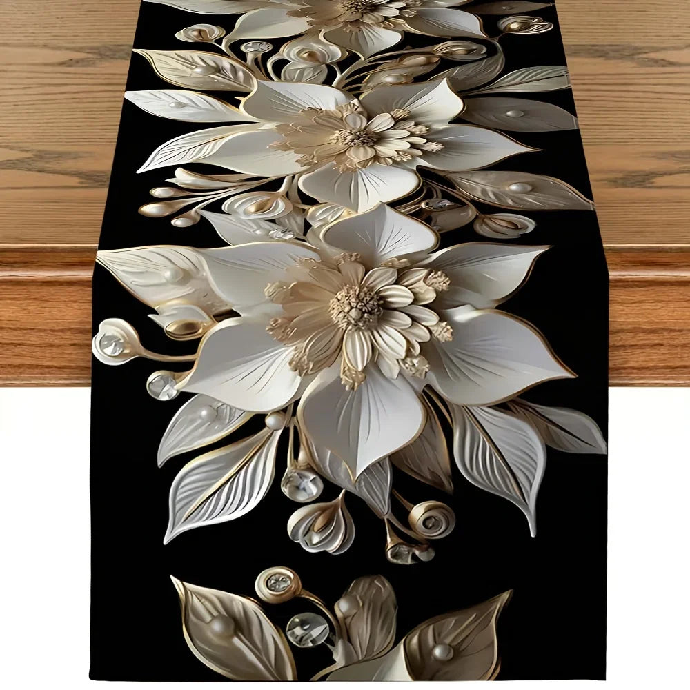 Caminho de Mesa Floral Branco e Dourado Elegante – Decoração de Feriados e Jantares