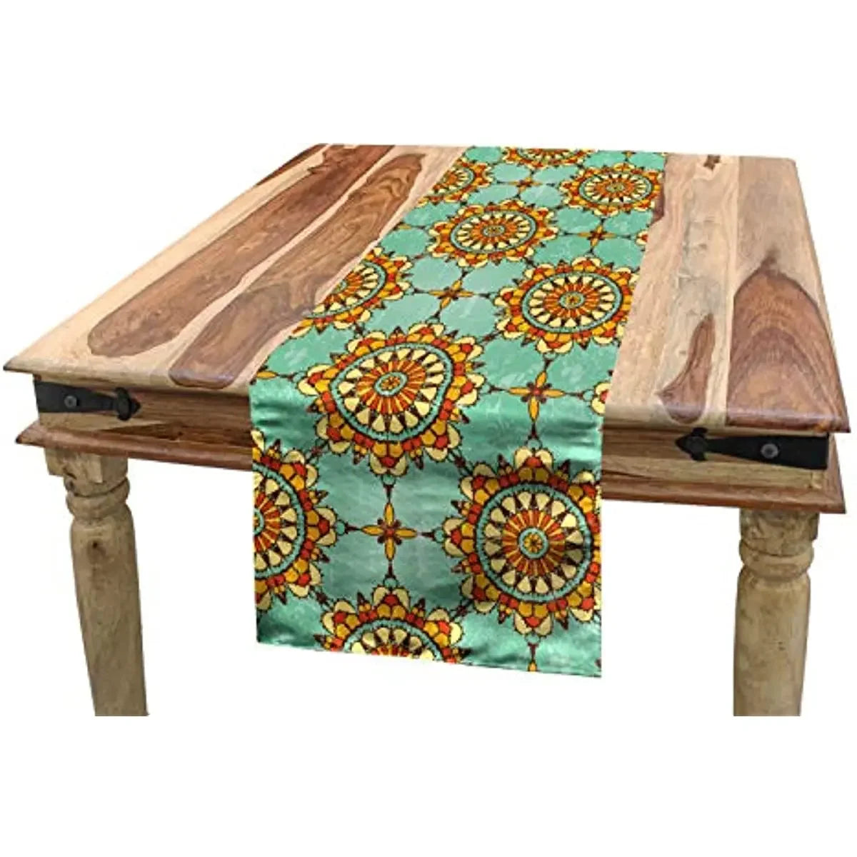 Boho Mandala Linen Table Runner – Floral Texture Dining Decor