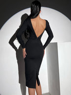 Elegant Backless Bodycon Midi Dress – Black Long Sleeve