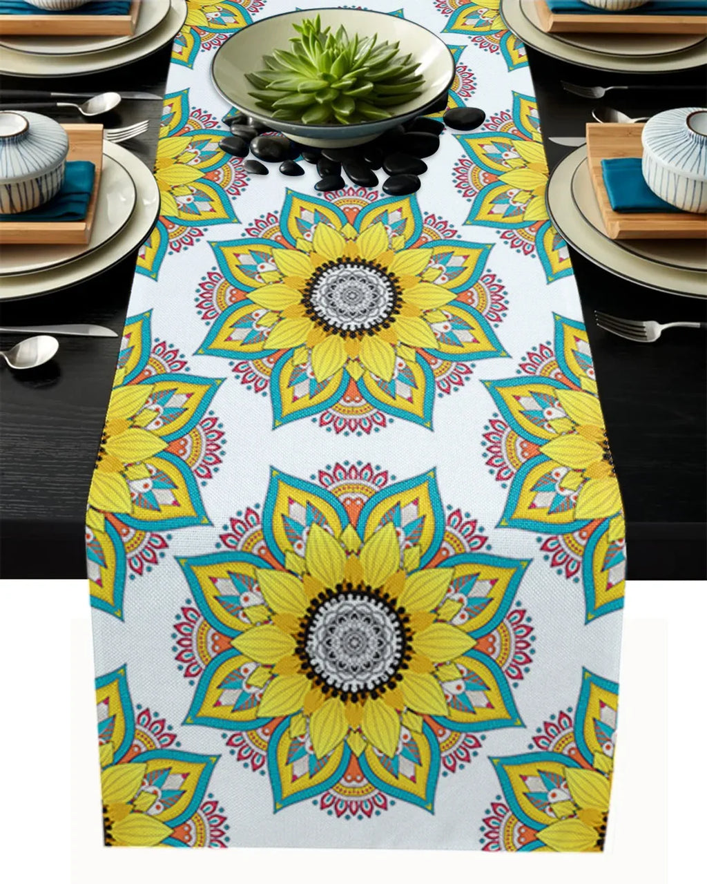 Camino de mesa de lino con mandala bohemio – Decoración de comedor con textura floral