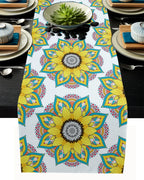 Camino de mesa de lino con mandala bohemio – Decoración de comedor con textura floral