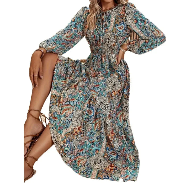 Boho Ruffle Maxi Dress – Elegant Autumn Lace-Up A-Line