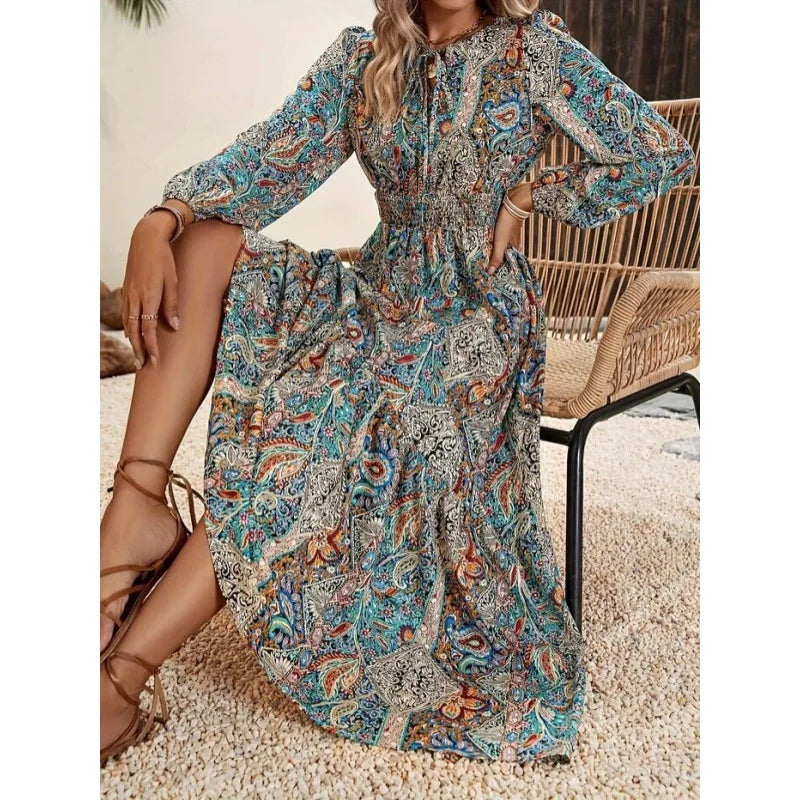 Boho Ruffle Maxi Dress – Elegant Autumn Lace-Up A-Line