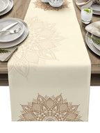 Camino de mesa de lino con mandala bohemio – Decoración de comedor con textura floral