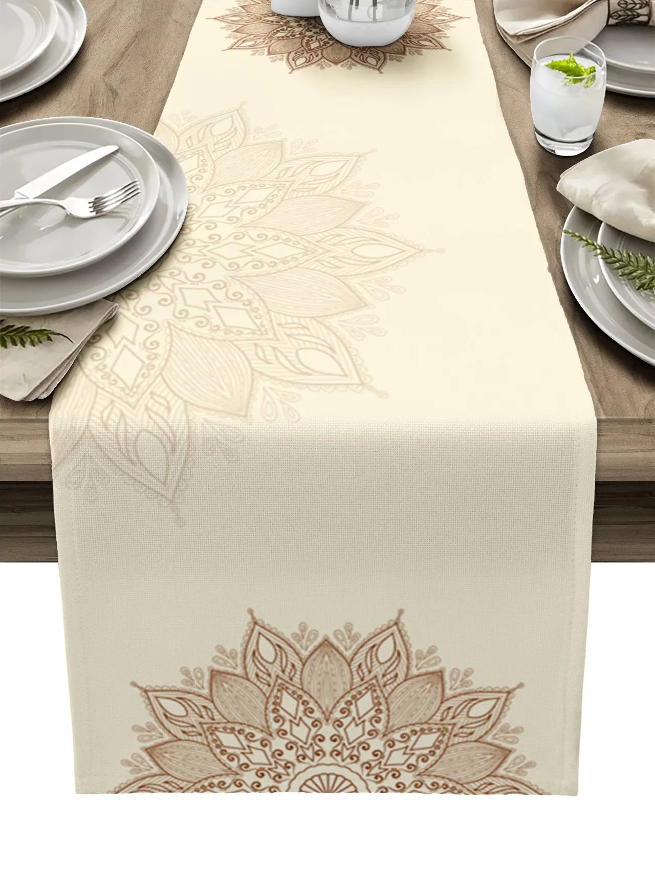 Camino de mesa de lino con mandala bohemio – Decoración de comedor con textura floral