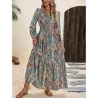 Vestido maxi bohemio con volantes – Elegante línea A con cordones para otoño