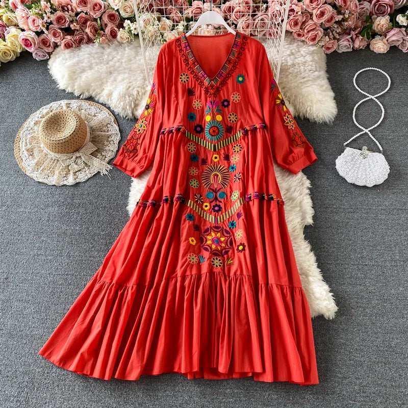 Bohemian Floral Embroidery Mini Dress – Vintage Beach Style