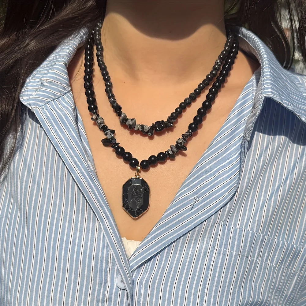 Handmade Black Limestone Multi-Layer Necklace Set ✨