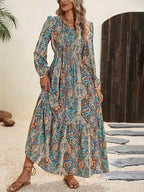Vestido maxi bohemio con volantes – Elegante línea A con cordones para otoño
