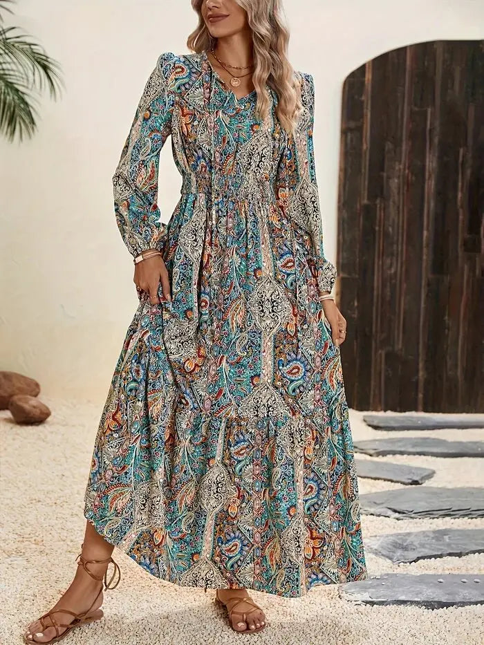 Boho Ruffle Maxi Dress – Elegant Autumn Lace-Up A-Line