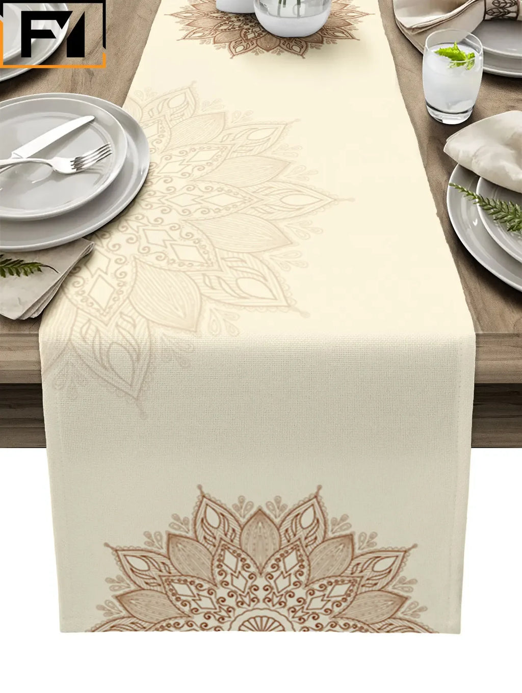 Camino de mesa de lino con mandala bohemio – Decoración de comedor con textura floral