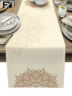 Camino de mesa de lino con mandala bohemio – Decoración de comedor con textura floral