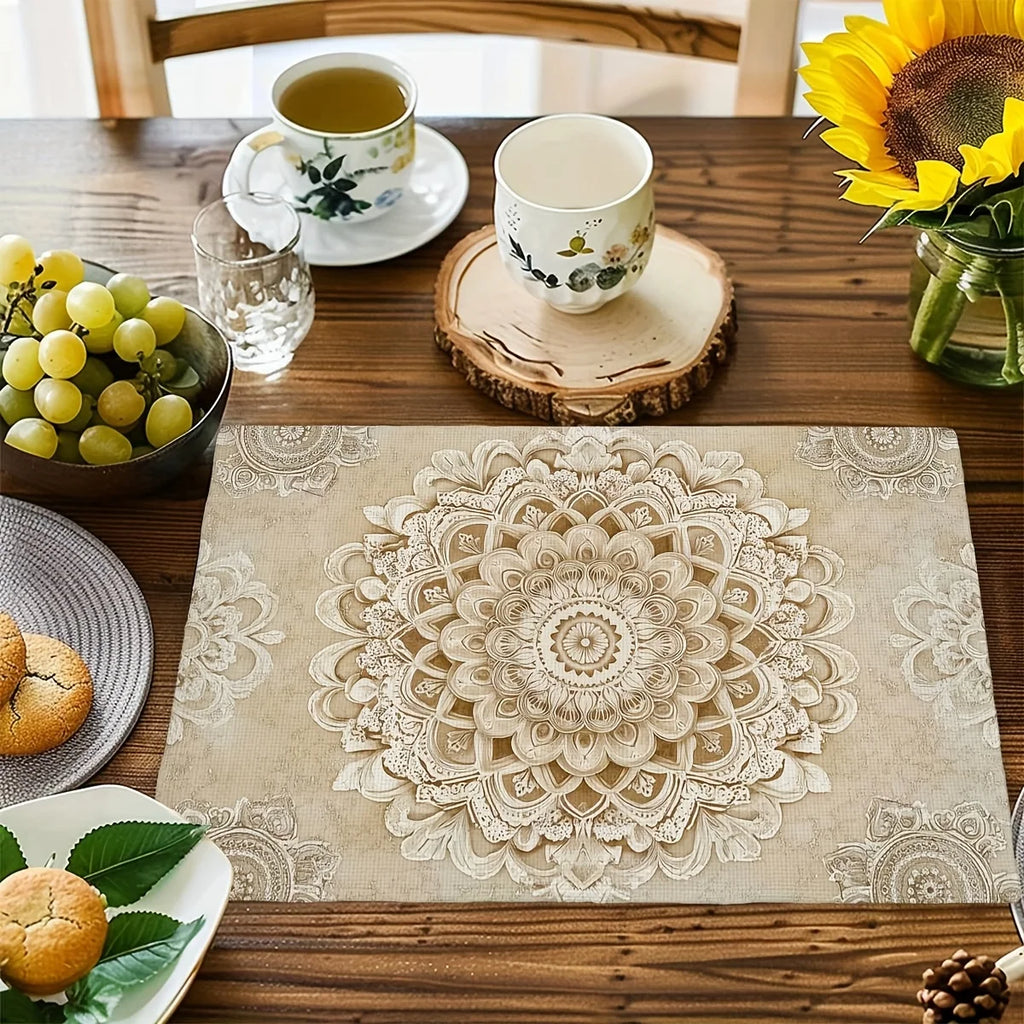 Retro Beige Floral Placemats Set – Mandala Design