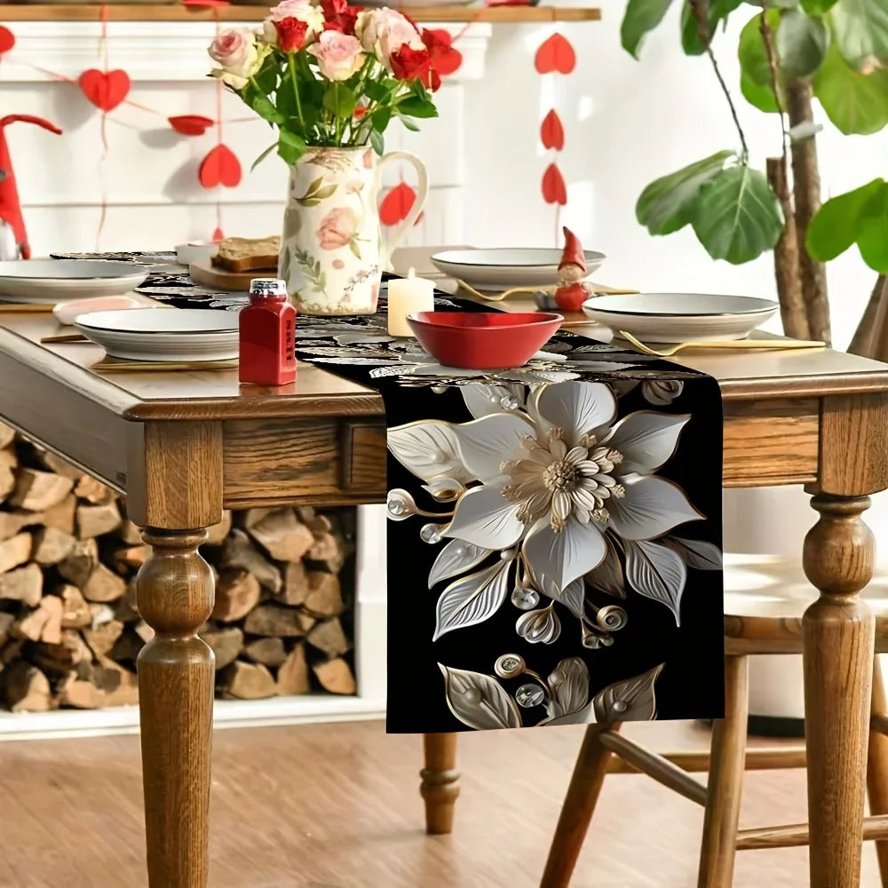 Elegant White & Gold Floral Table Runner – Holiday & Dining Decor