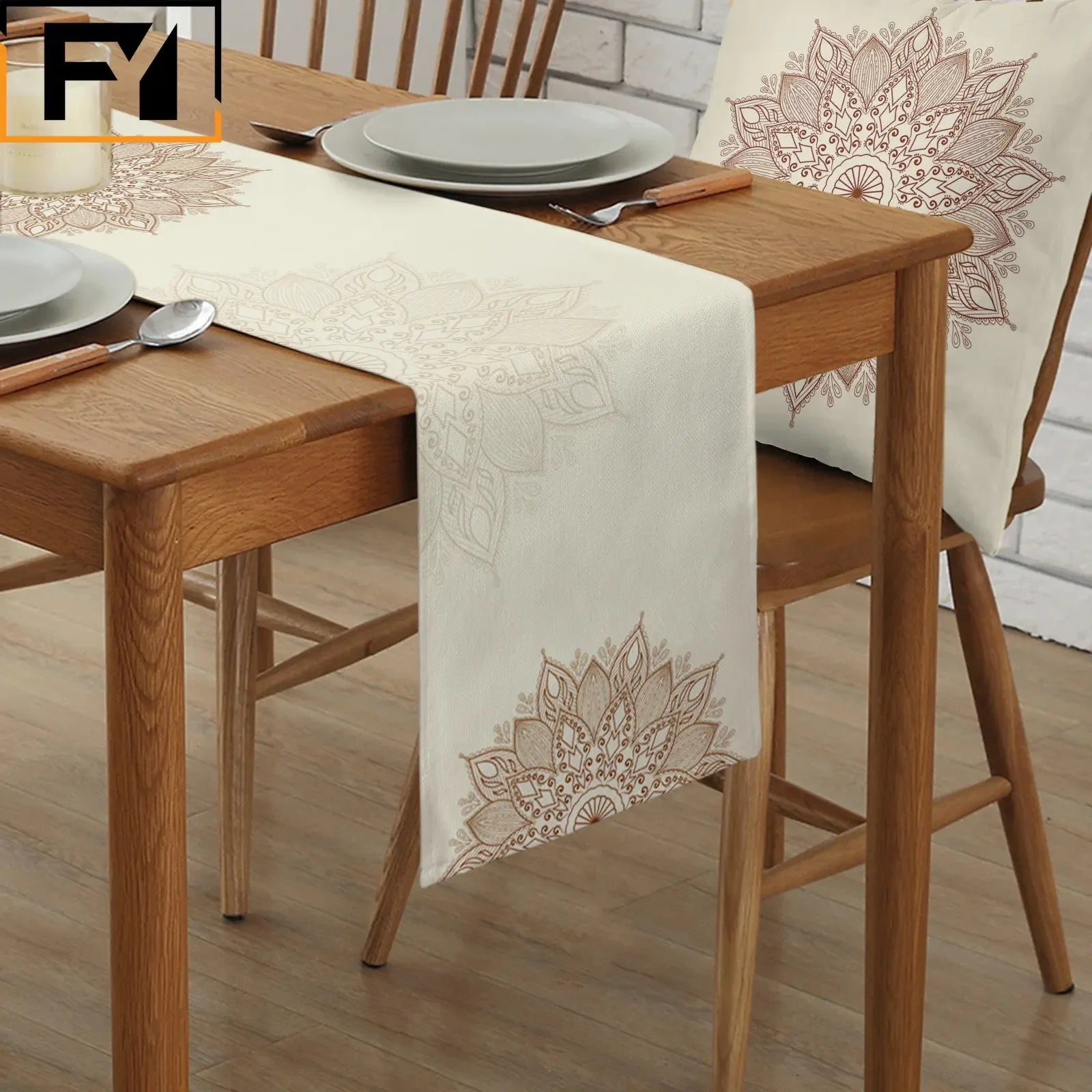 Boho Mandala Linen Table Runner – Floral Texture Dining Decor