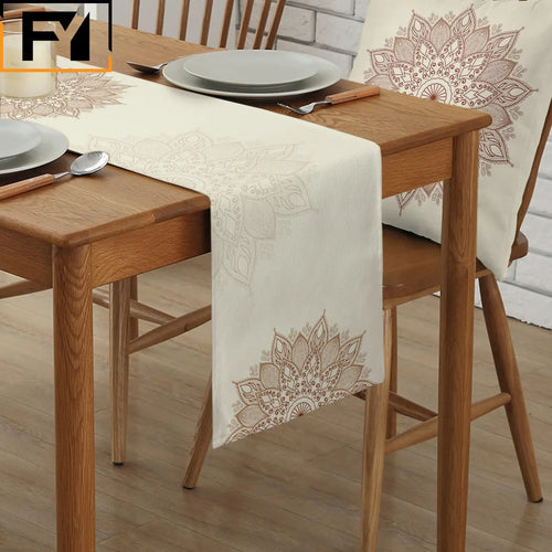 Camino de mesa de lino con mandala bohemio – Decoración de comedor con textura floral