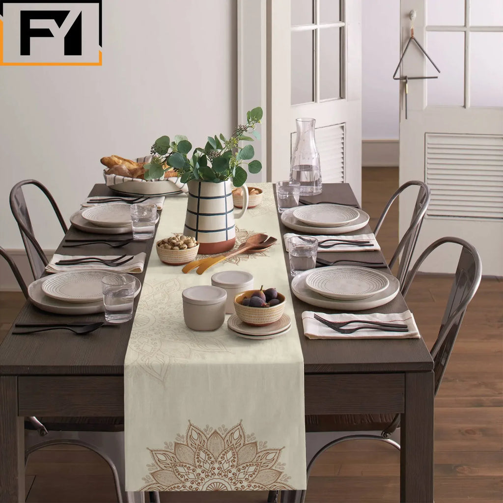 Camino de mesa de lino con mandala bohemio – Decoración de comedor con textura floral