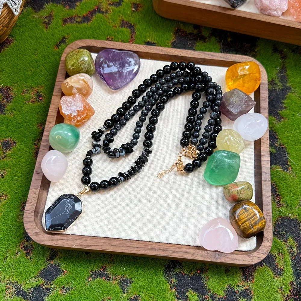 Handmade Black Limestone Multi-Layer Necklace Set ✨