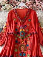 Bohemian Floral Embroidery Mini Dress – Vintage Beach Style