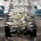 Caminho de Mesa Floral Branco e Dourado Elegante – Decoração de Feriados e Jantares
