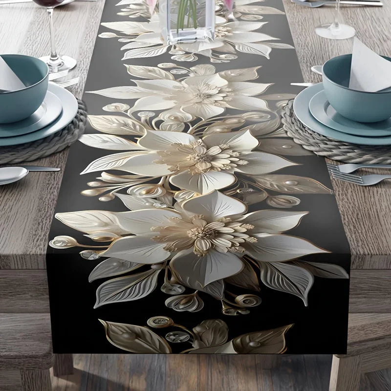Elegant White & Gold Floral Table Runner – Holiday & Dining Decor