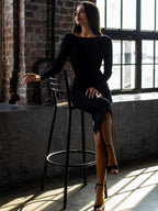 Elegant Backless Bodycon Midi Dress – Black Long Sleeve